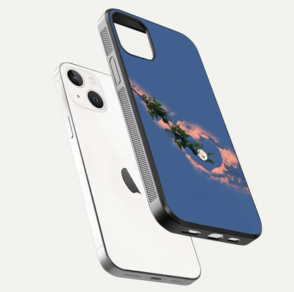 Sky Under Tree Glass Case for iPhone 14 floating dual-view mockup displaying gloss reflection and landscape tone