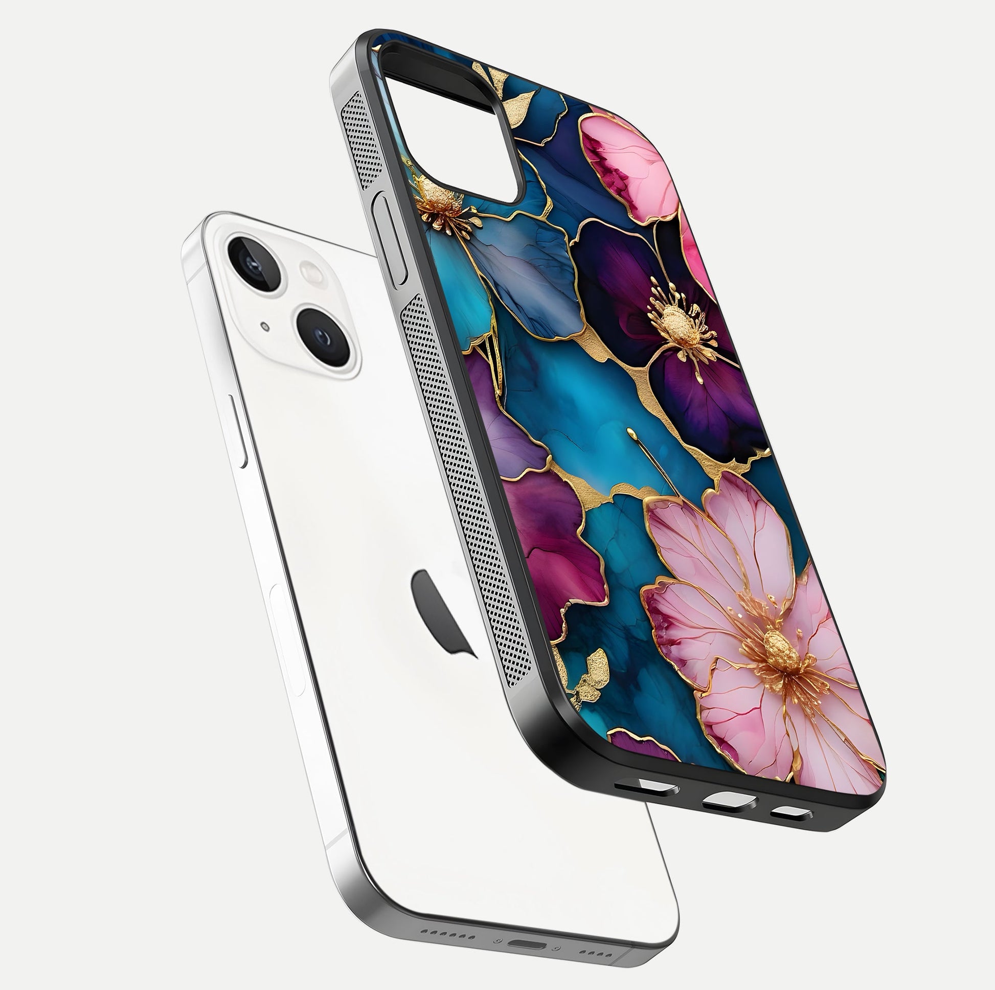 Sparkle Floral Glass Case for iPhone 14 floating dual-view mockup displaying gloss surface and sparkle effect