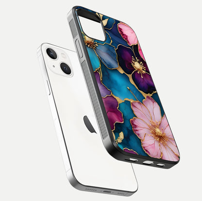 Sparkle Floral Glass Case for iPhone 14 floating dual-view mockup displaying gloss surface and sparkle effect