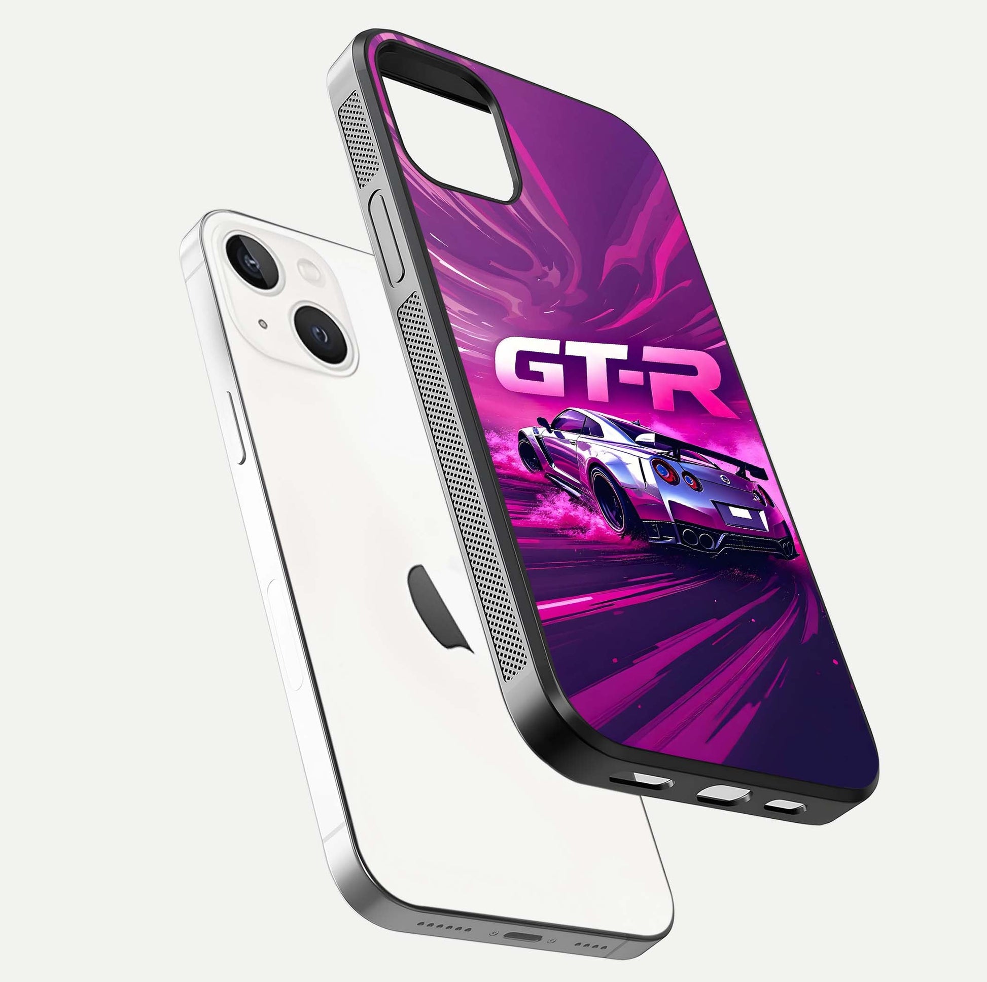 Speed Drift Legend Glass Case for iPhone 14 floating dual-view mockup displaying gloss shine and motion effect