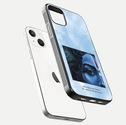 Spiritual Krishna Glass Case for iPhone 16 Pro floating dual-view mockup displaying gloss shine and divine detail