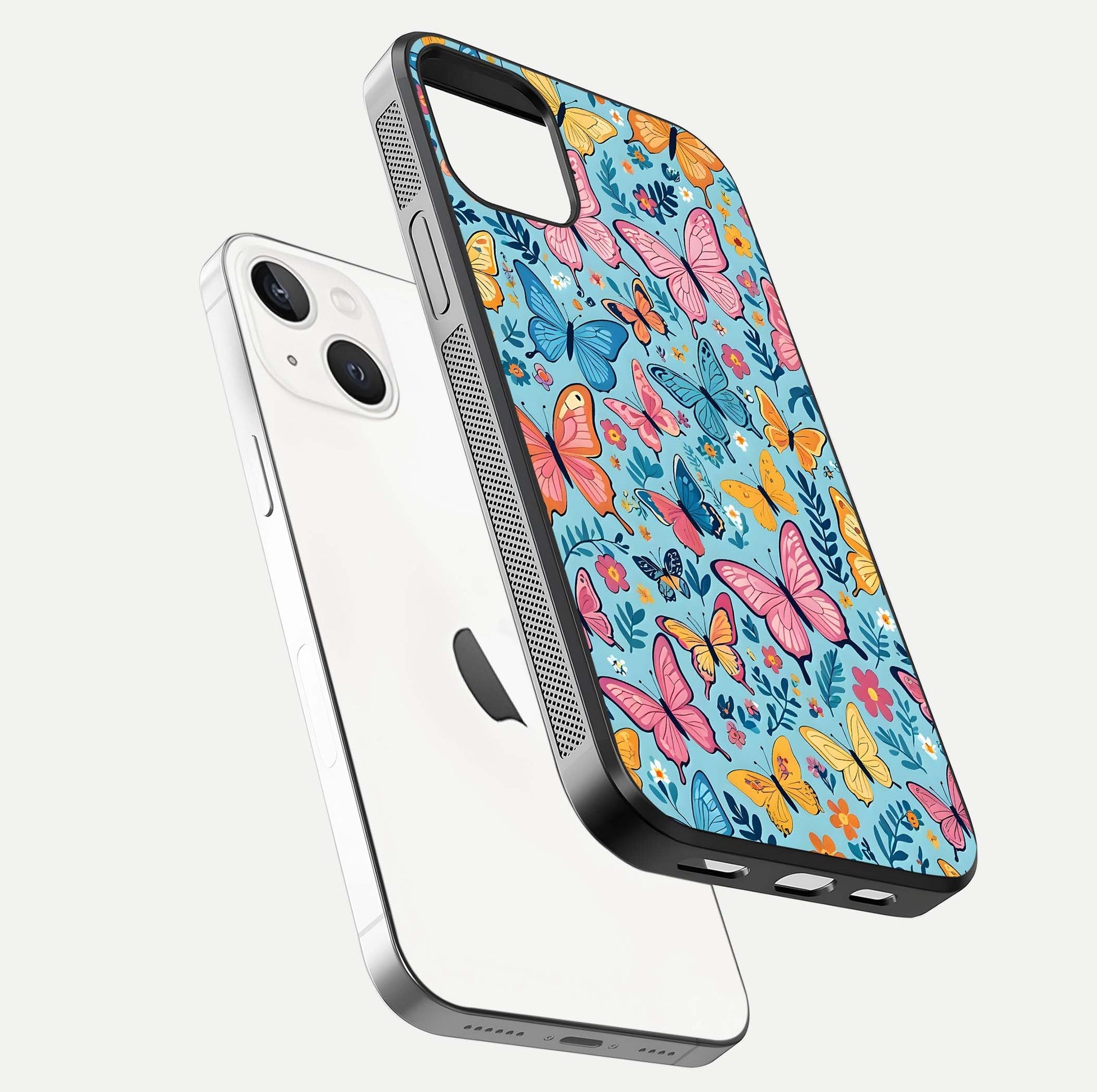 Spring Wing Garden Glass Case for iPhone 14 floating dual-view mockup showing gloss texture and vivid print