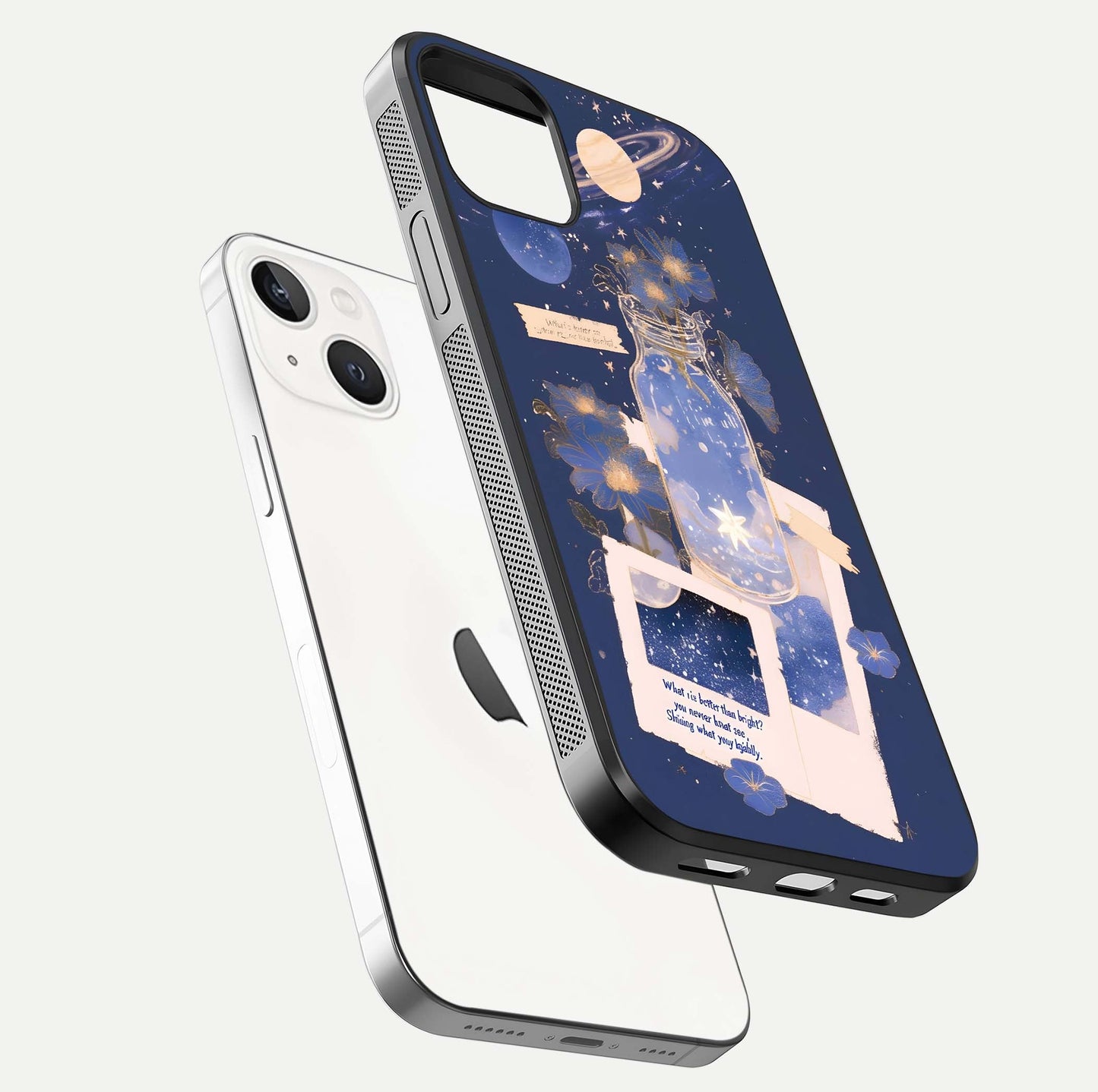 Starlit Cosmic Jar Glass Case for iPhone 14 floating dual-view mockup displaying gloss and starry depth