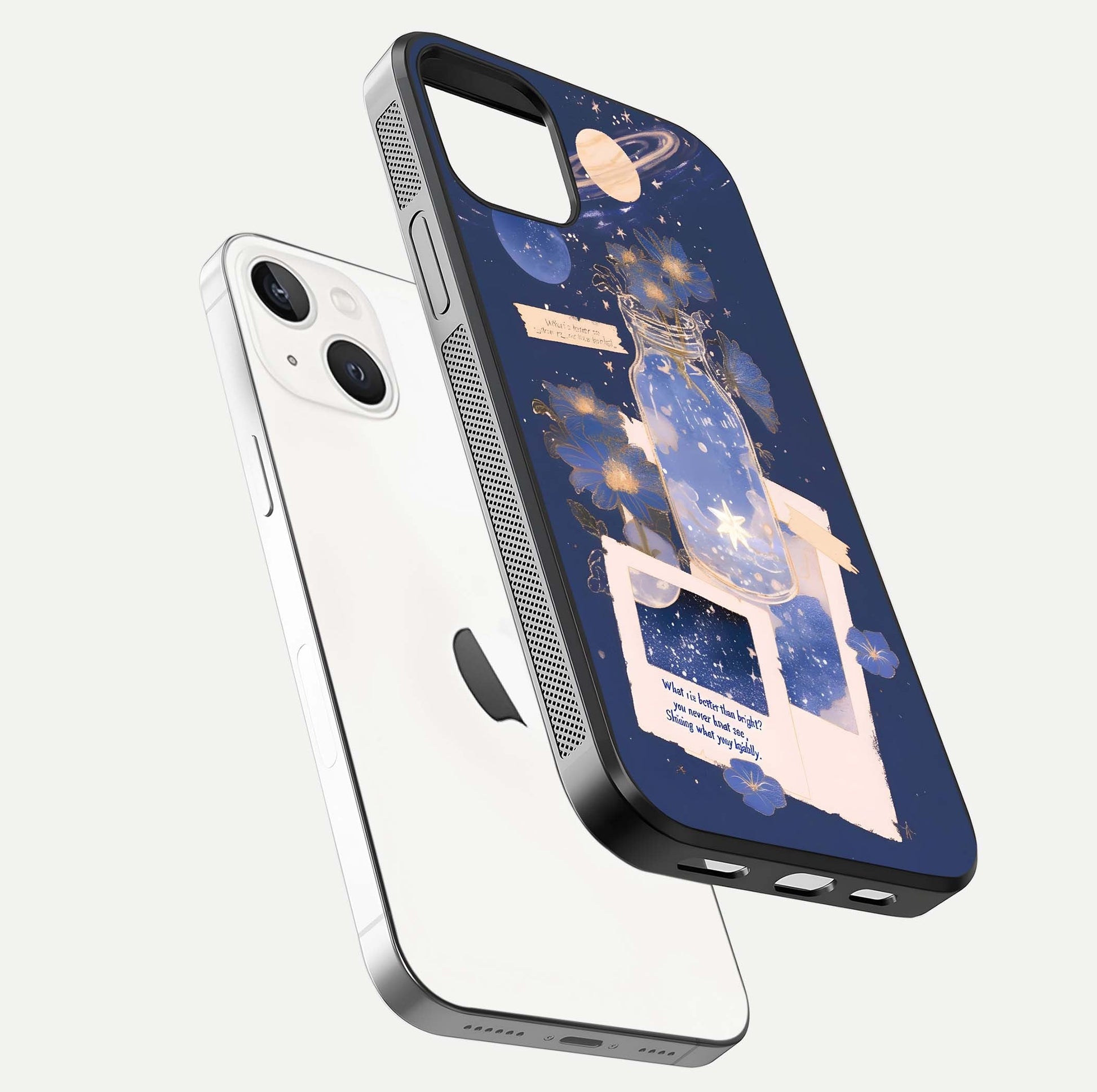 Starlit Cosmic Jar Glass Case for iPhone 14 floating dual-view mockup displaying gloss and starry depth