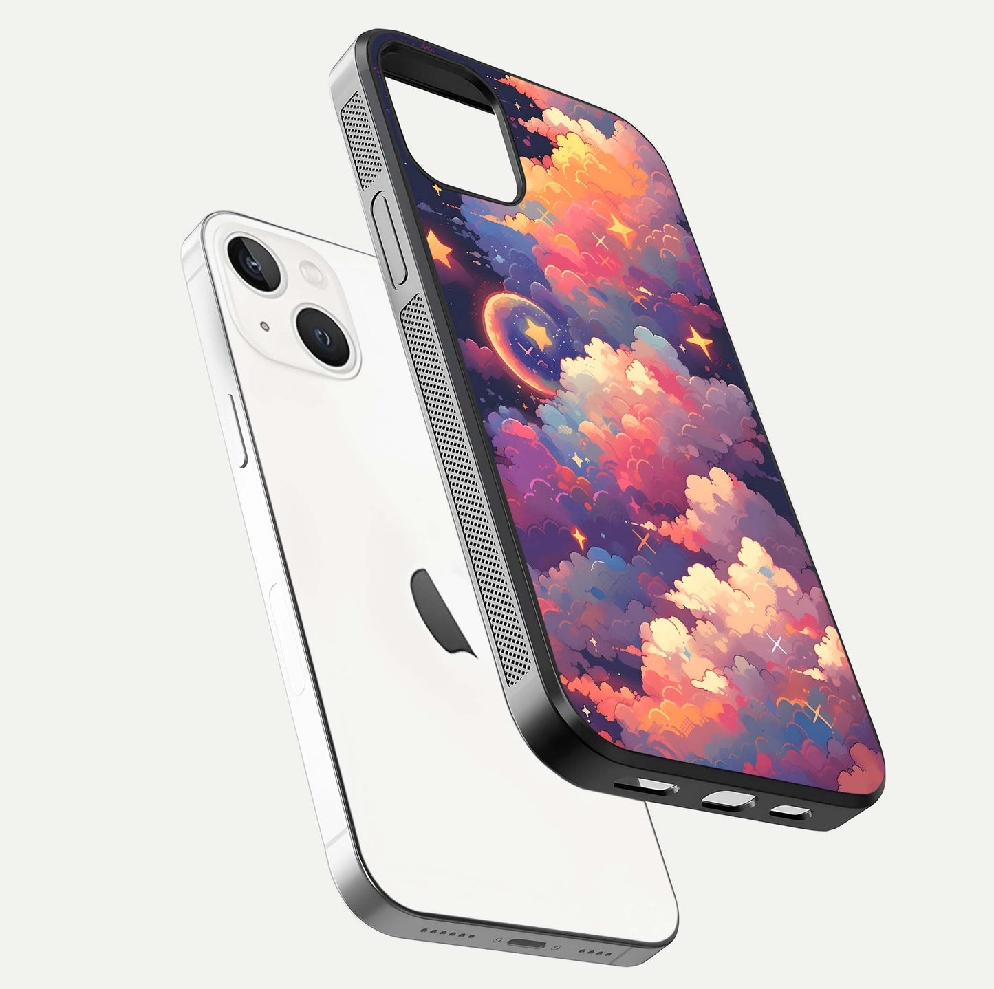 Starlit Dream Clouds Glass Case for iPhone 14 floating dual-view mockup displaying gloss and soft light detail