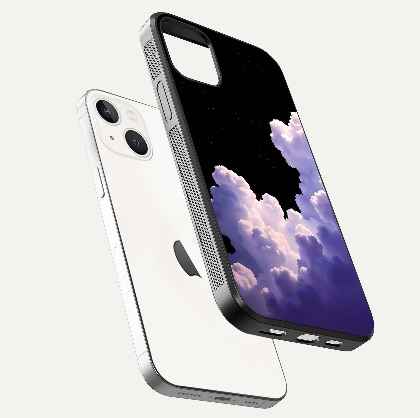 Starlit Night Whispers Glass Case for iPhone 14 floating dual-view mockup displaying gloss surface and depth
