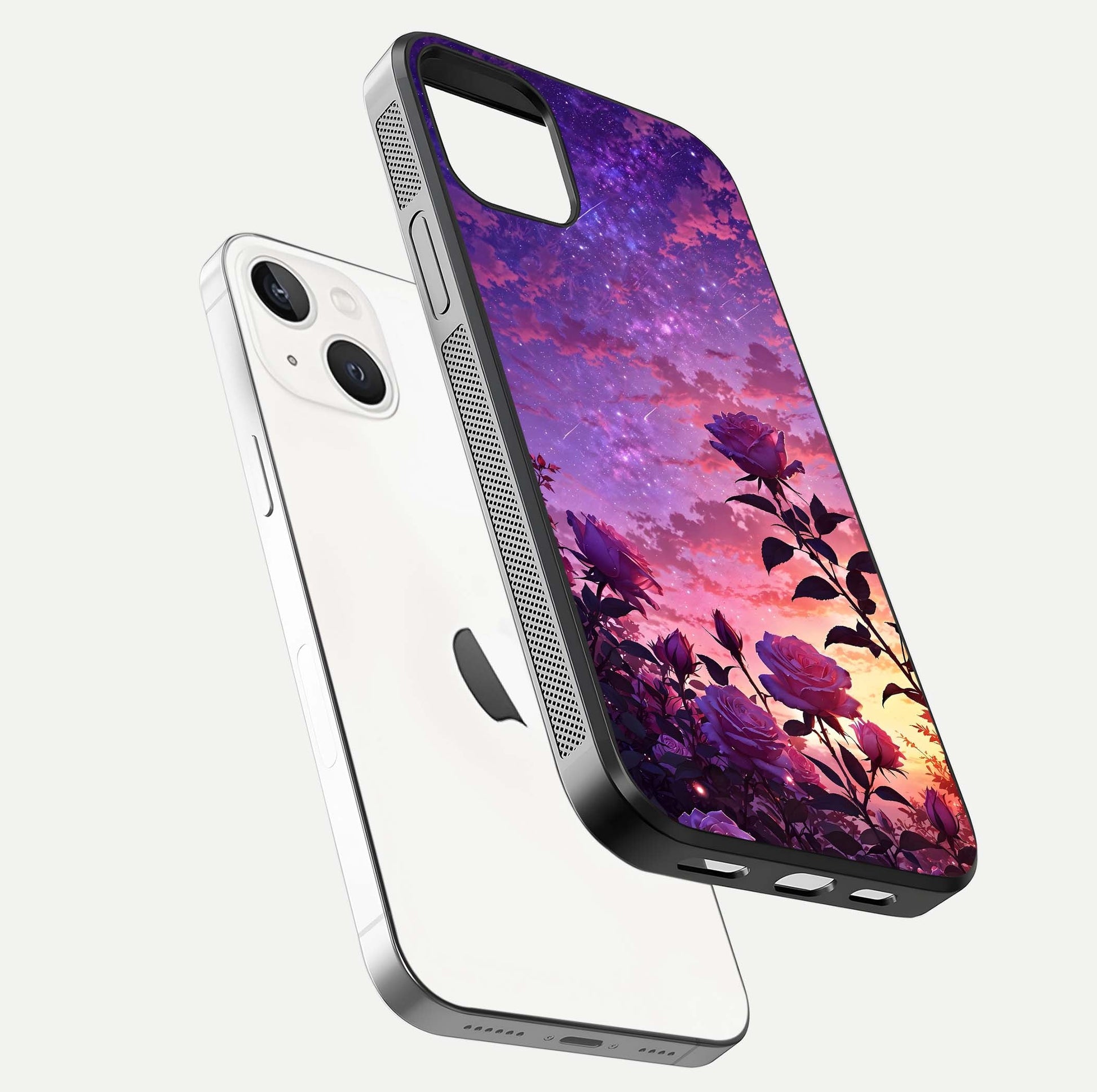 Starlit Rose Twilight Glass Case for iPhone 14 floating dual-view mockup displaying gloss shine and depth