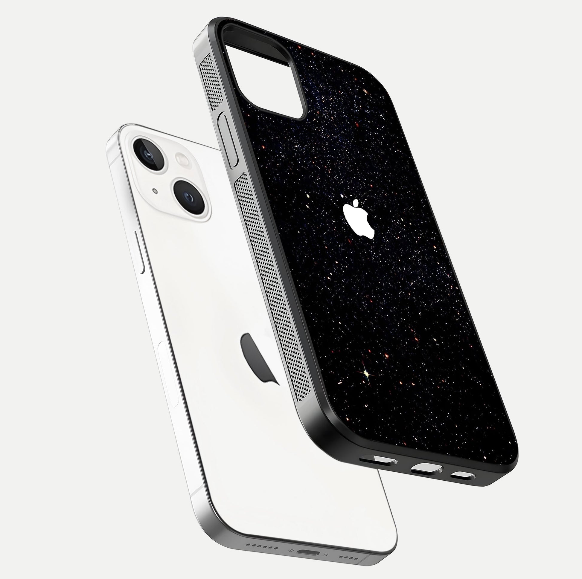 Starry Apple Galaxy Glass Case for iPhone 14 floating dual-view mockup displaying reflection and shine