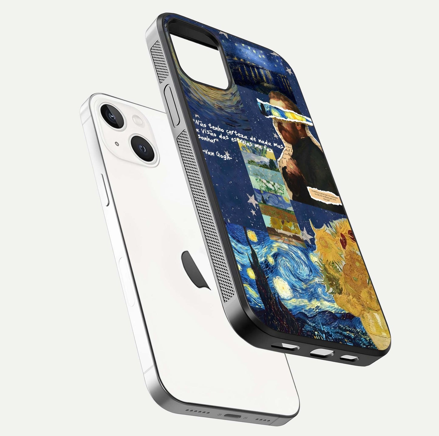 Starry Dream Vision Glass Case for iPhone 14 floating dual-view mockup displaying gloss surface and clarity