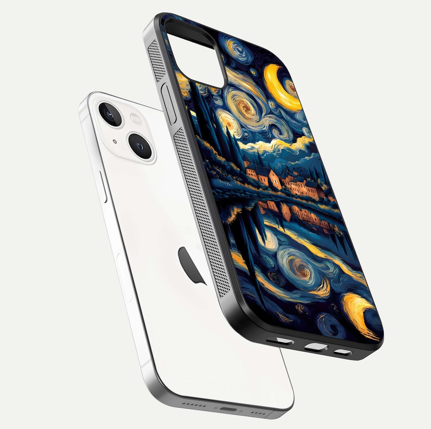 Starry Sky Serenity Glass Case for iPhone 14 floating dual-view mockup displaying gloss texture and shine
