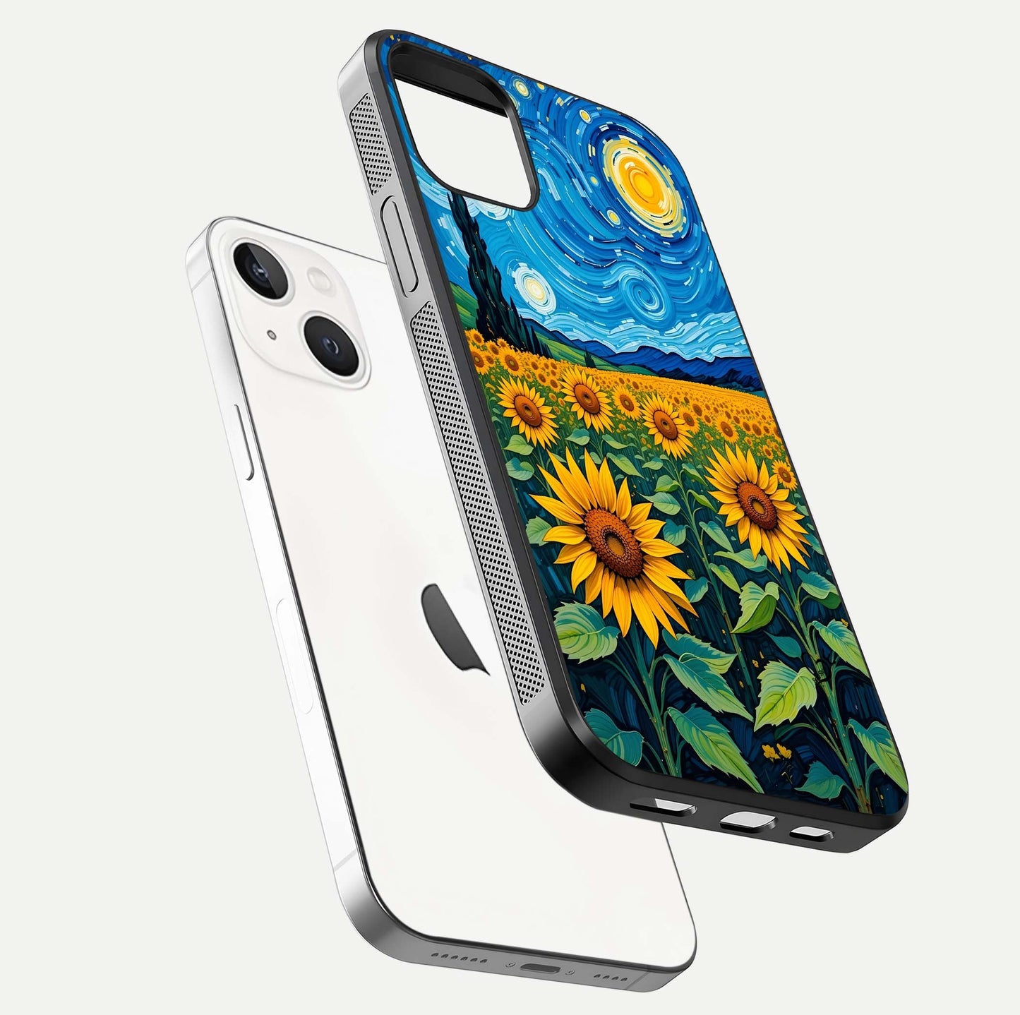 Starry Sunflower Dreams Glass Case for iPhone 14 floating dual-view mockup displaying gloss and vivid print