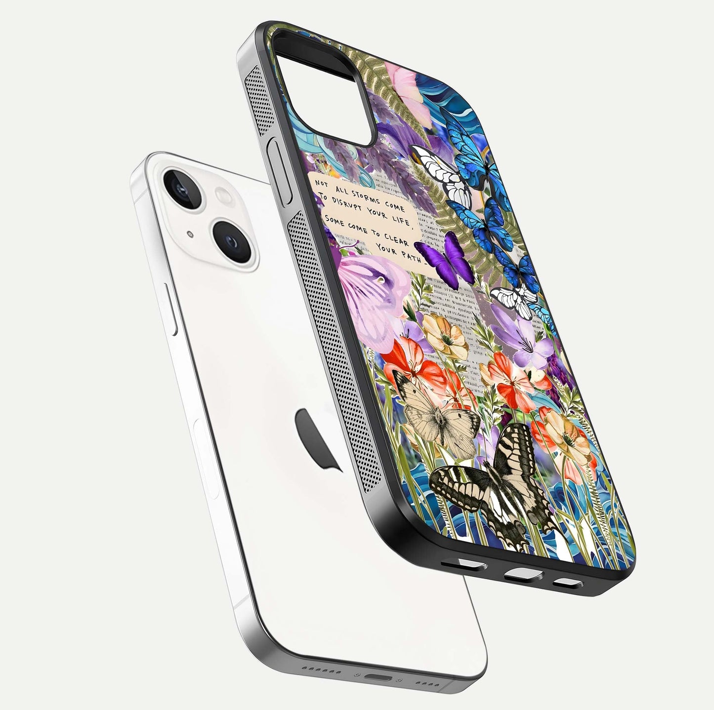 Storm Path Bloom Glass Case for iPhone 14 floating dual-view mockup displaying gloss and pattern depth