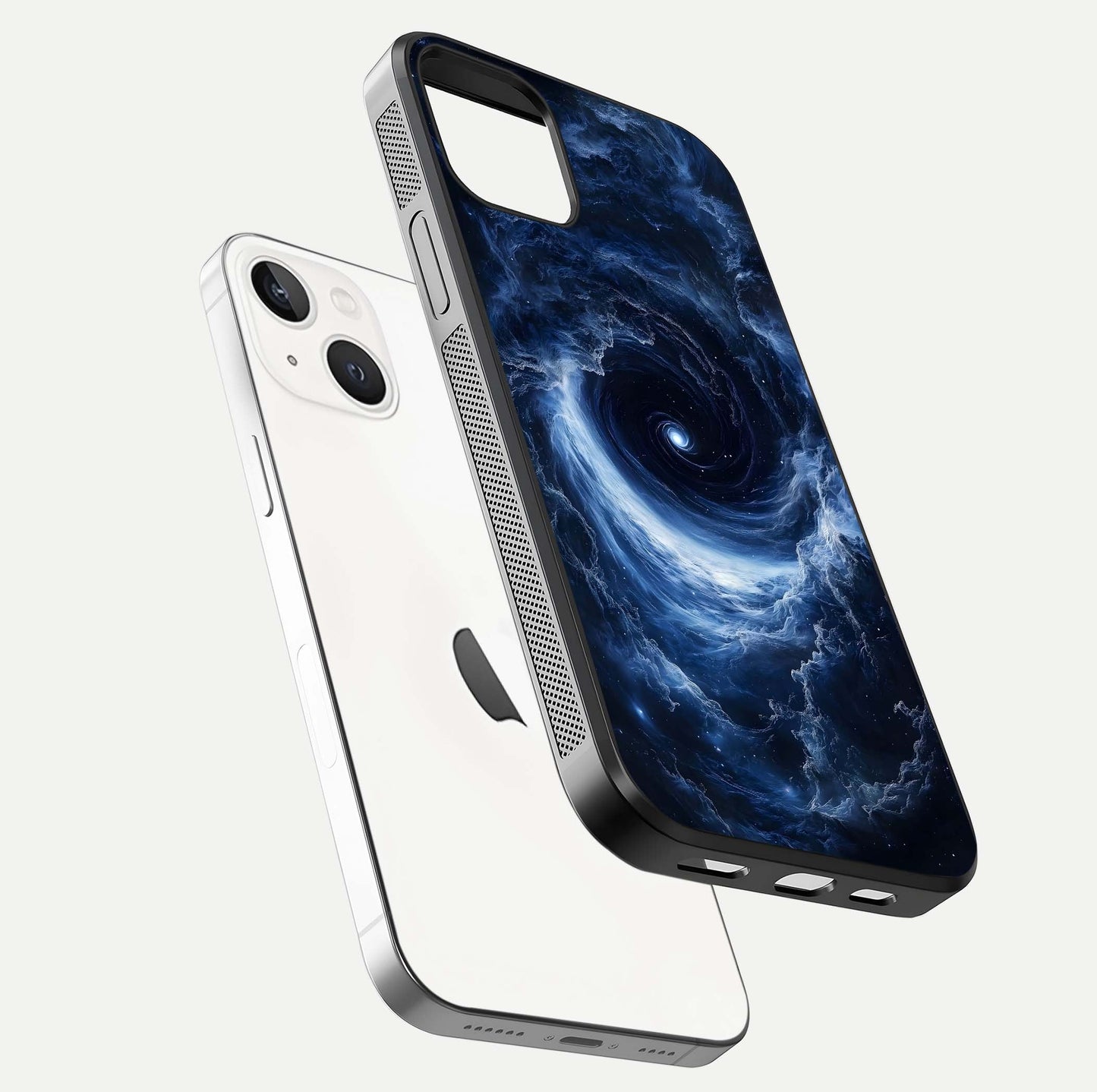 Stunning Galaxy Glass Case for iPhone 14 floating dual-view mockup displaying gloss shine and vivid print depth
