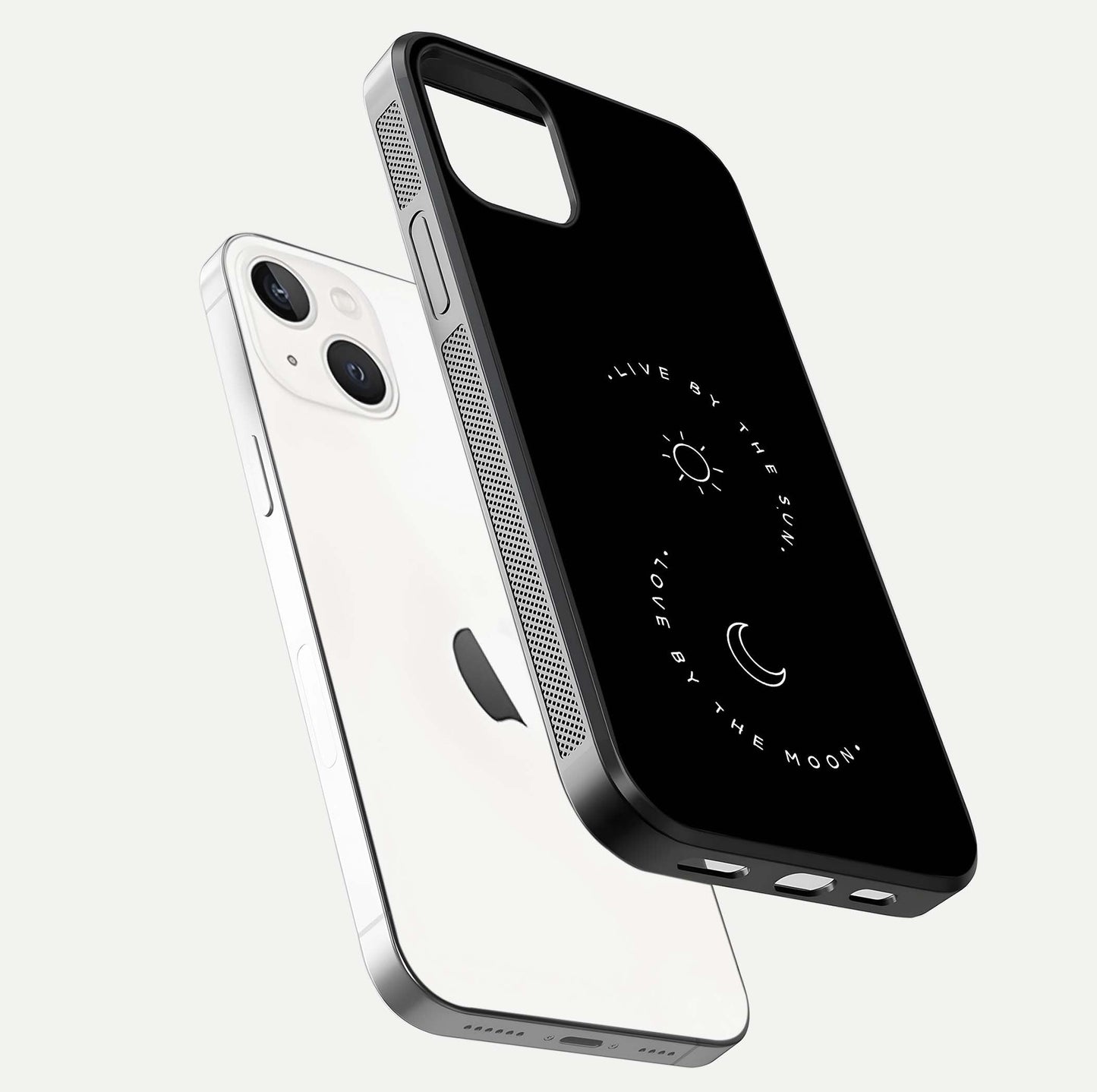 Sun Moon Balance Glass Case for iPhone 14 floating dual-view mockup displaying gloss surface and edge clarity