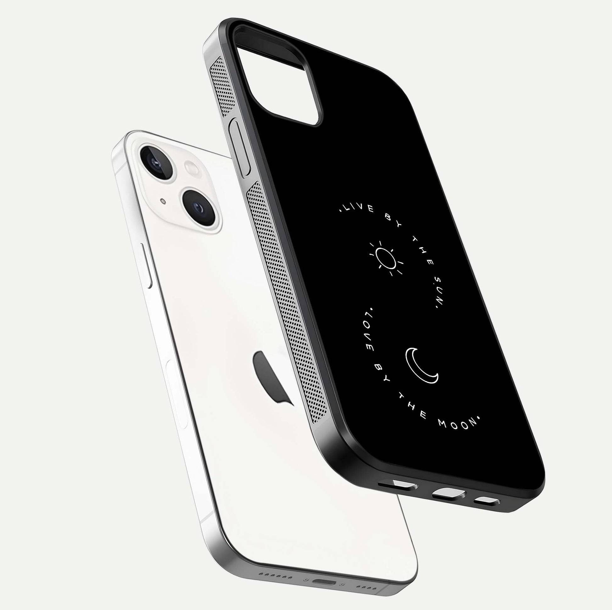 Sun Moon Balance Glass Case for iPhone 14 floating dual-view mockup displaying gloss surface and edge clarity