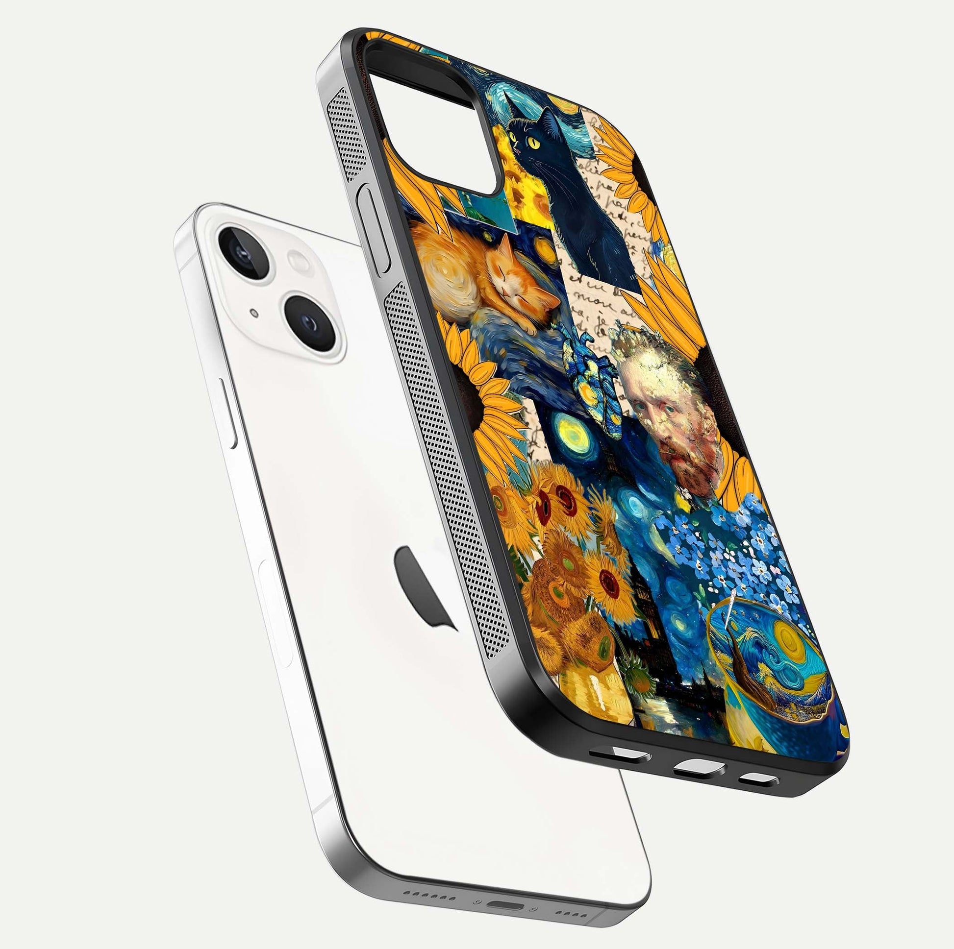 Sunflower Cat Art Glass Case for iPhone 14 floating dual-view mockup displaying gloss shine and HD art print