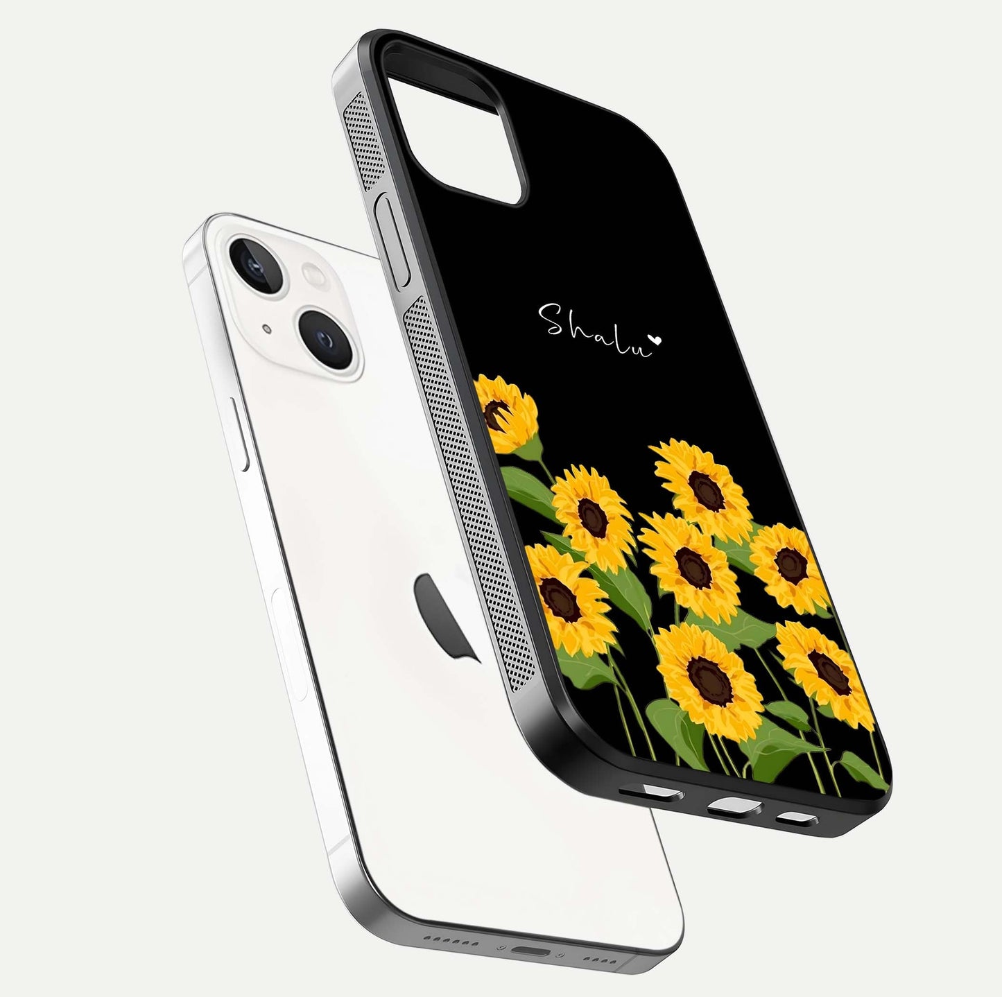 Sunflower Chic Mood Custom Name Glass Case for iPhone 16 Pro floating dual-view mockup displaying gloss texture and detail