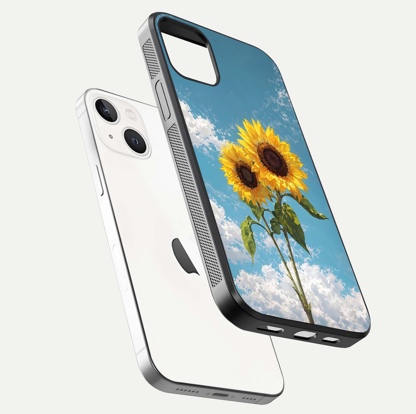 Sunflower Sky Bloom Glass Case for iPhone 14 floating dual-view mockup displaying gloss shine and vibrant texture