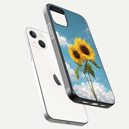 Sunflower Sky Bloom Glass Case for iPhone 14 floating dual-view mockup displaying gloss shine and vibrant texture