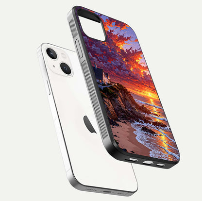 Sunset House by Sea Glass Case for iPhone 14 floating dual-view mockup displaying gloss shine and depth