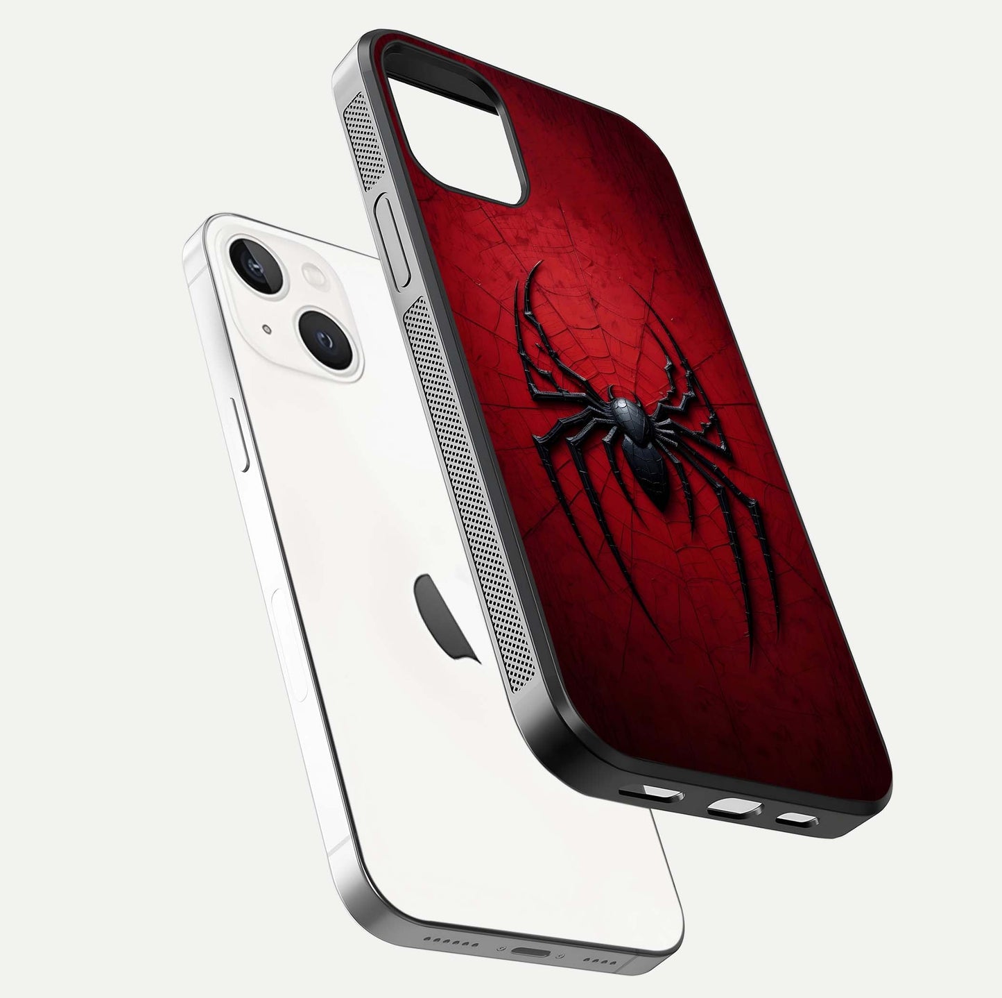 Venom Web Emblem Glass Case for iPhone 14 floating dual-view mockup displaying gloss shine and HD print