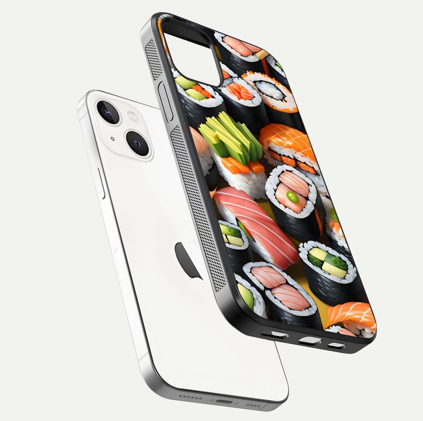 Sushi Food Pattern Glass Case for iPhone 14 floating dual-view mockup displaying gloss and HD pattern
