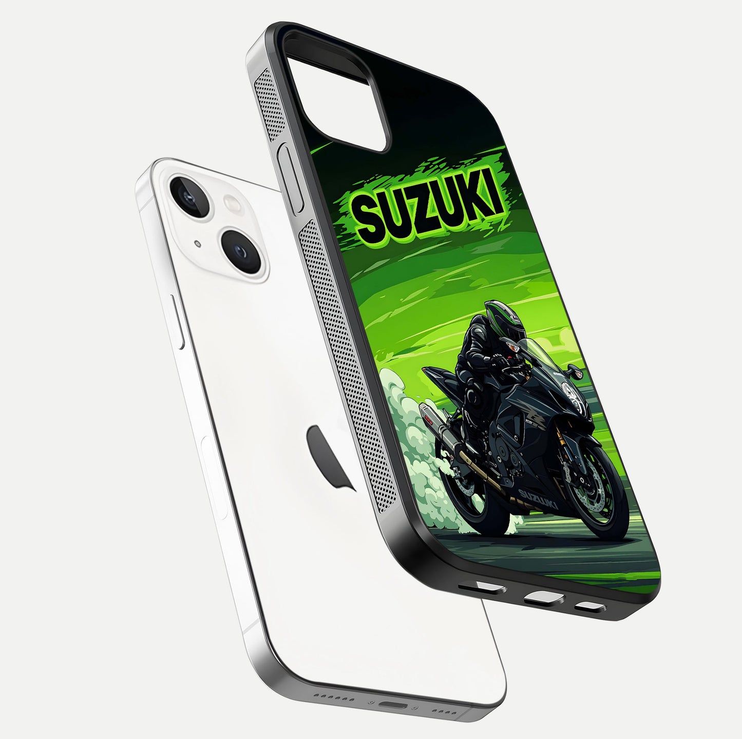 Suzuki Speed Beast Glass Case for iPhone 14 floating dual-view mockup displaying gloss texture and shine