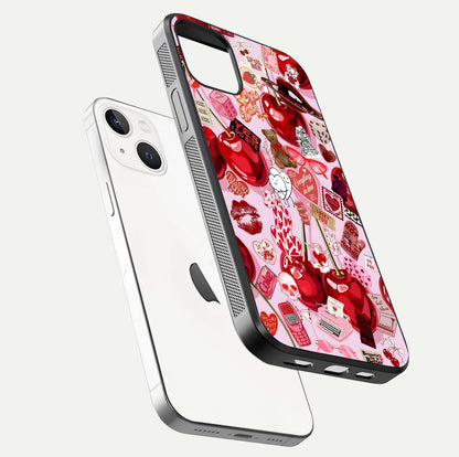 Sweet Cherry Chaos Glass Case for iPhone 14 floating dual-view mockup displaying gloss surface and depth