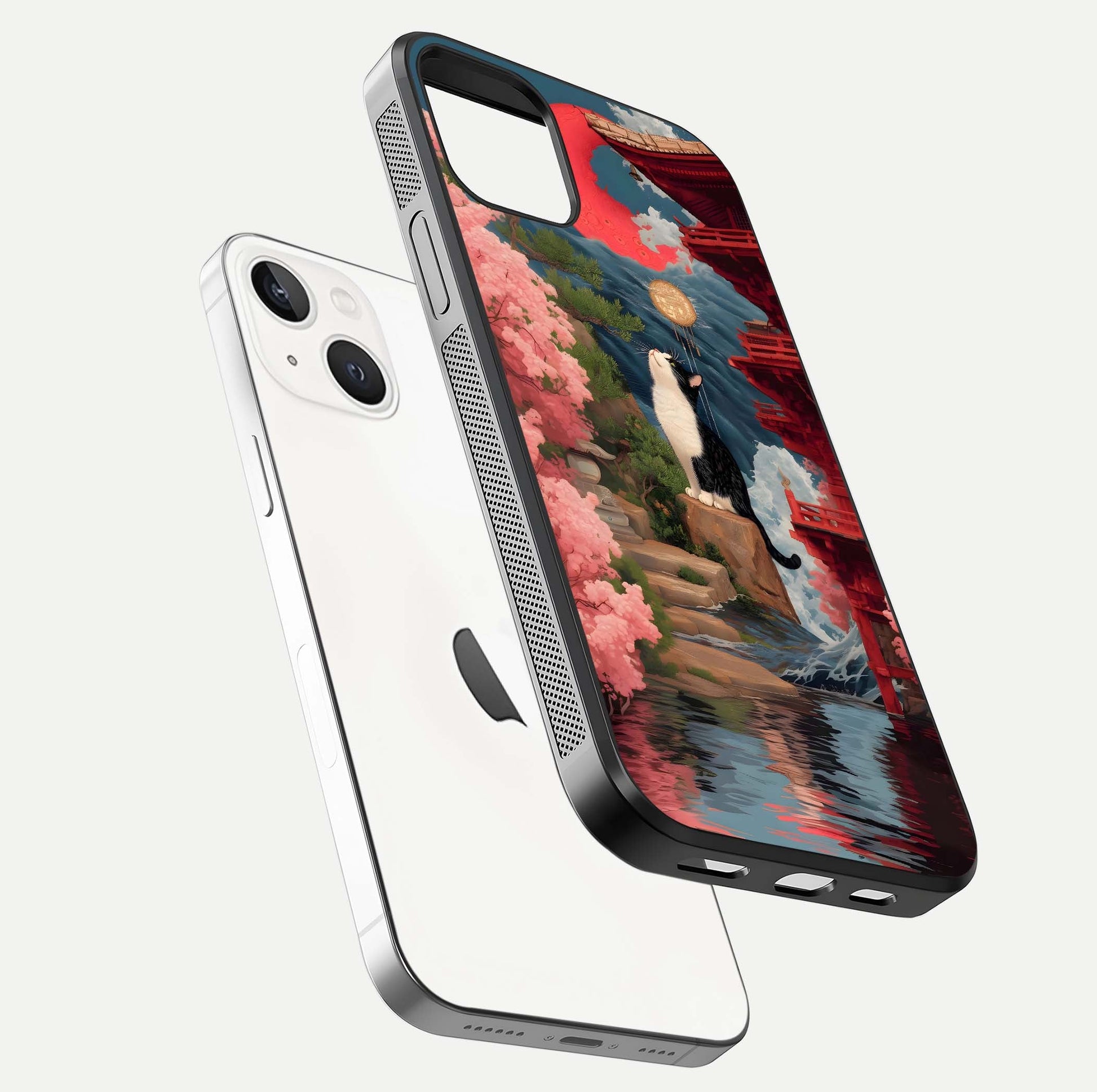 Temple Cat Scenery Glass Case for iPhone 14 floating dual-view mockup displaying gloss and depth detail