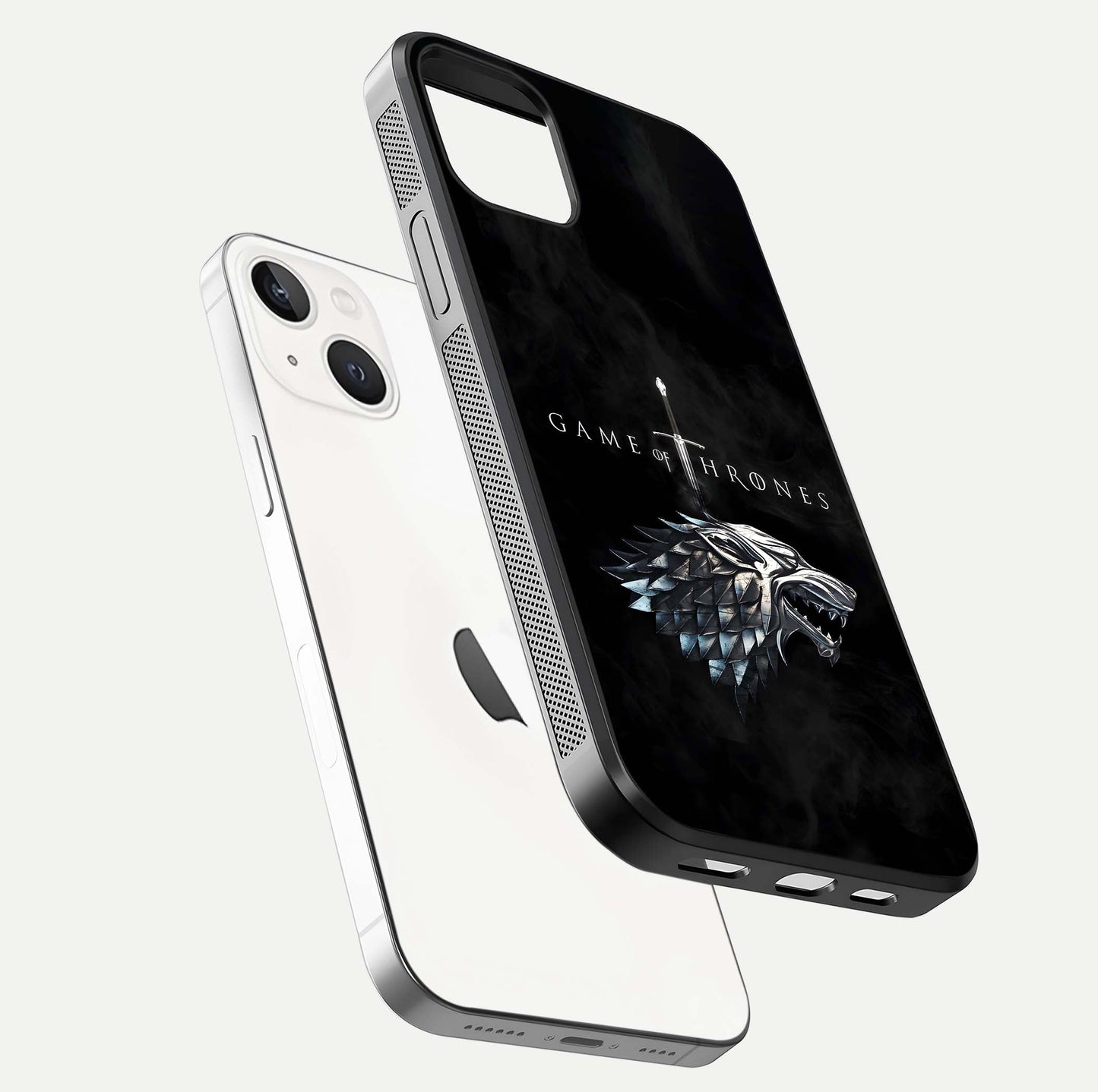 Throne Wolf Legacy Glass Case for iPhone 14 floating dual-view mockup displaying gloss depth and wolf artwork