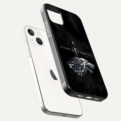 Throne Wolf Legacy Glass Case for iPhone 14 floating dual-view mockup displaying gloss depth and wolf artwork