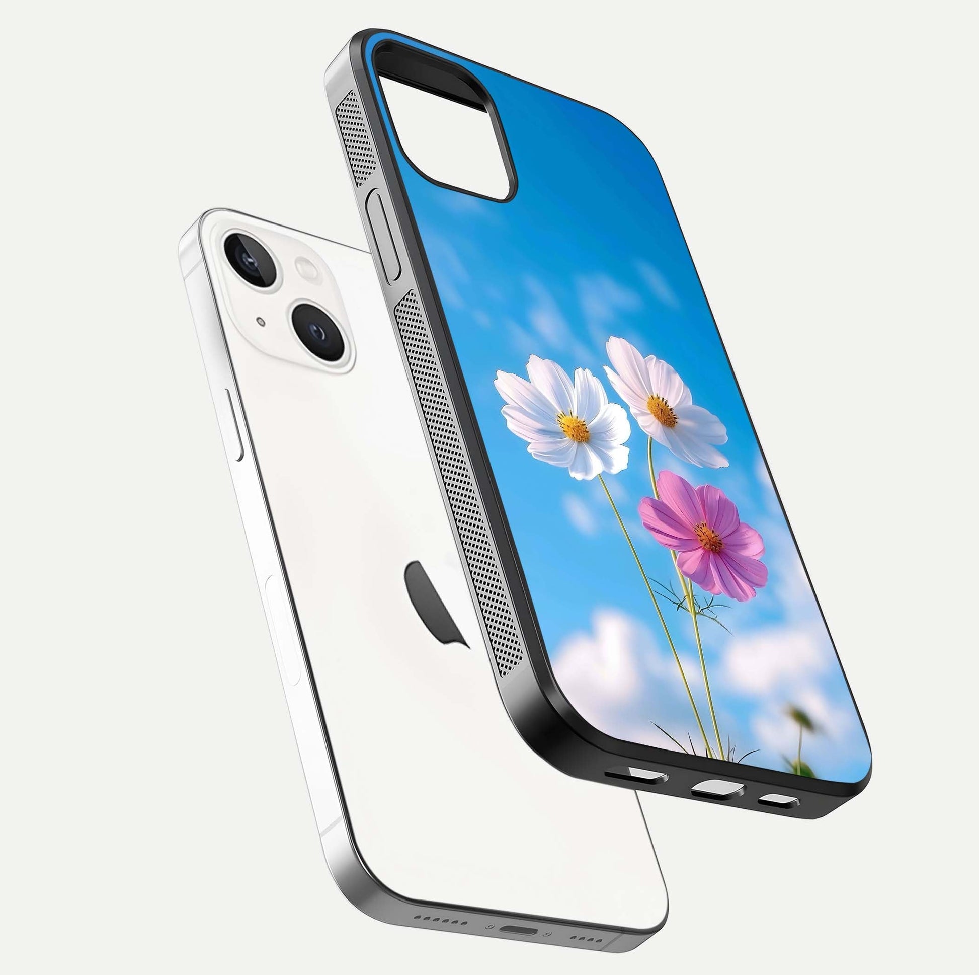 Triple Flowers With Sky Glass Case for iPhone 14 floating dual-view mockup displaying gloss and soft hues
