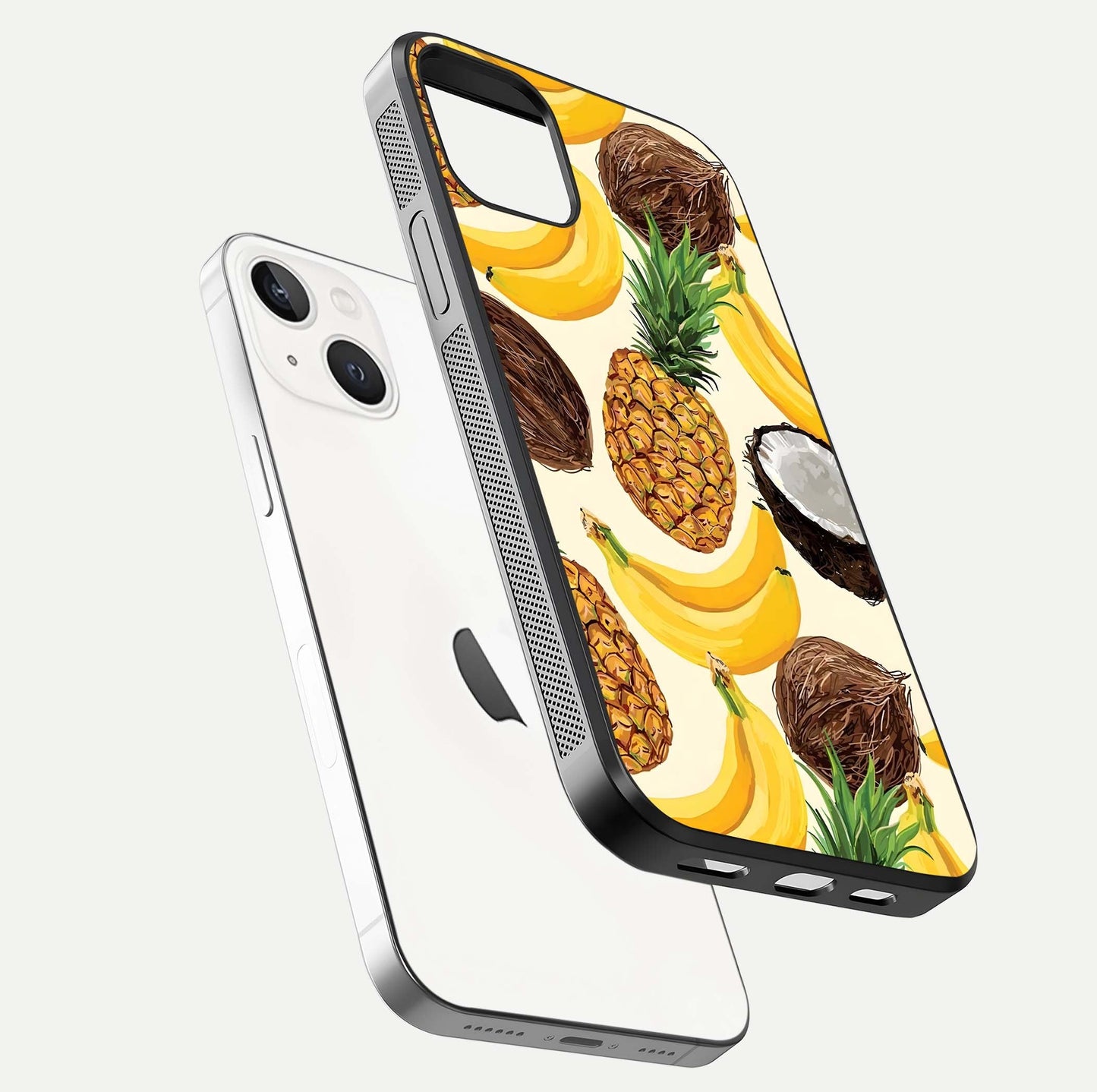 Tropical Fruit Mood Glass Case for iPhone 16 Pro floating dual-view mockup displaying gloss and vibrant colors