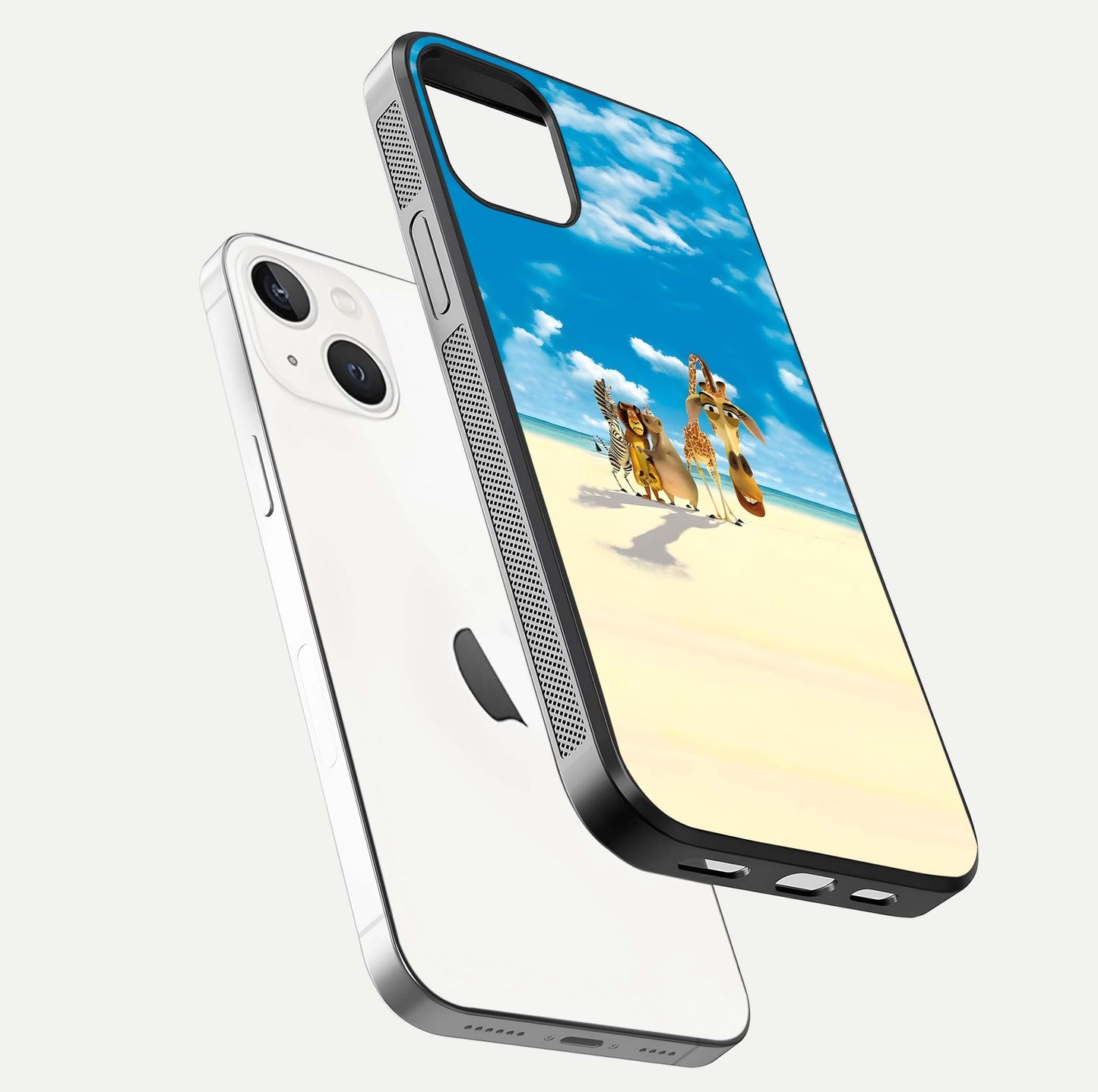 Tropical Fun Squad Glass Case for iPhone 14 floating dual-view mockup displaying gloss reflection and contrast