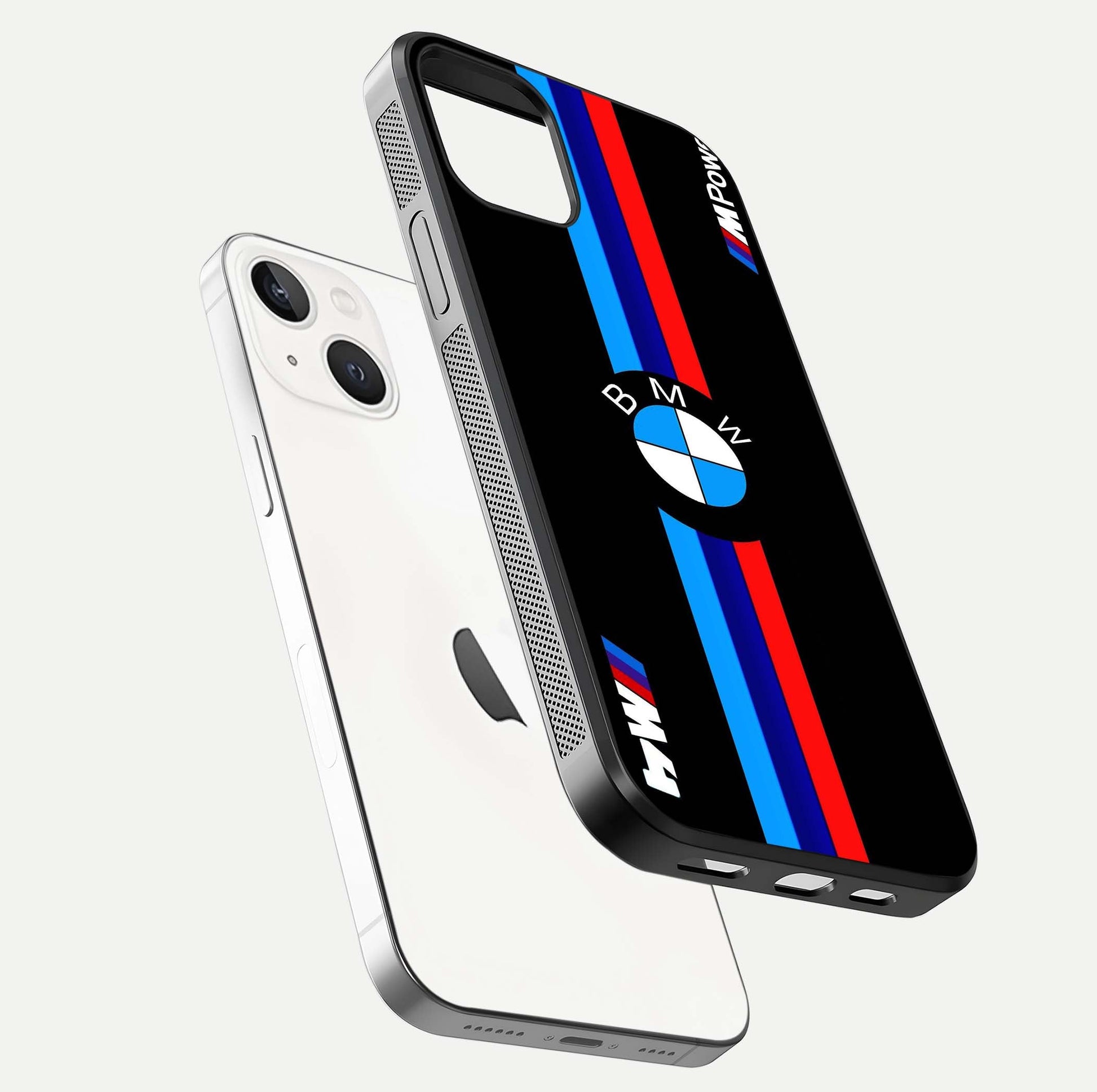 Turbo BMW Beast Glass Case for iPhone 16 Pro floating dual-view mockup displaying gloss texture and vivid print