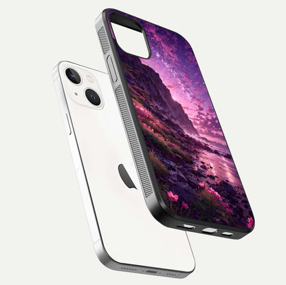 Twilight Blossom Coast Glass Case for iPhone 14 floating dual-view mockup displaying gloss surface and detail