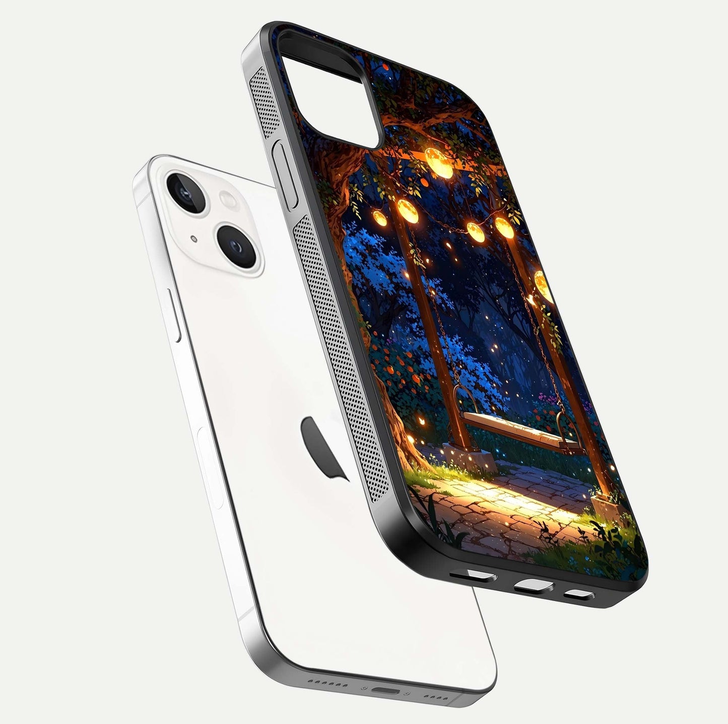 Twilight Garden Swing Glass Case for iPhone 14 floating dual-view mockup displaying gloss and tone balance