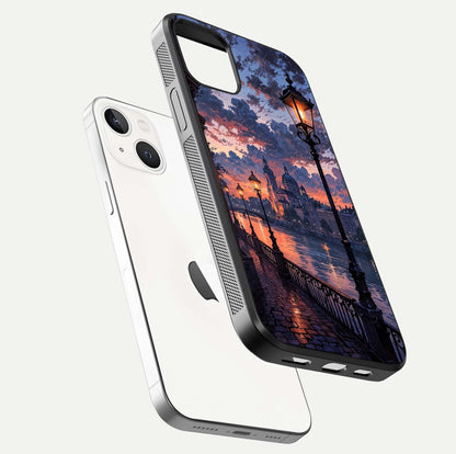 Twilight River Lights Glass Case for iPhone 16 Pro floating dual-view mockup displaying gloss shine and vivid details