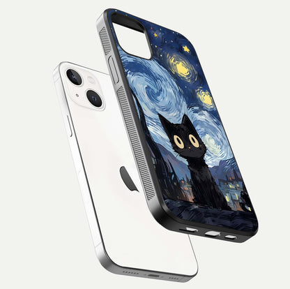 Van Gogh Cat Glass Case for iPhone 16 Pro floating dual-view mockup displaying gloss shine and artistic texture