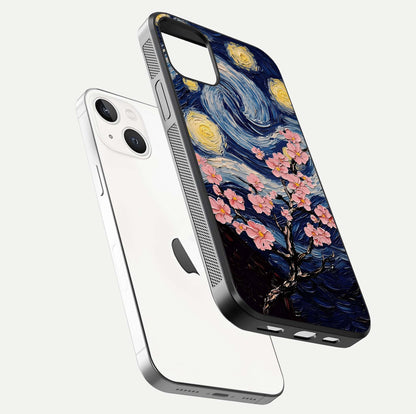 Van Gogh Scenery Glass Case for iPhone 14 floating dual-view mockup displaying gloss reflection and HD quality