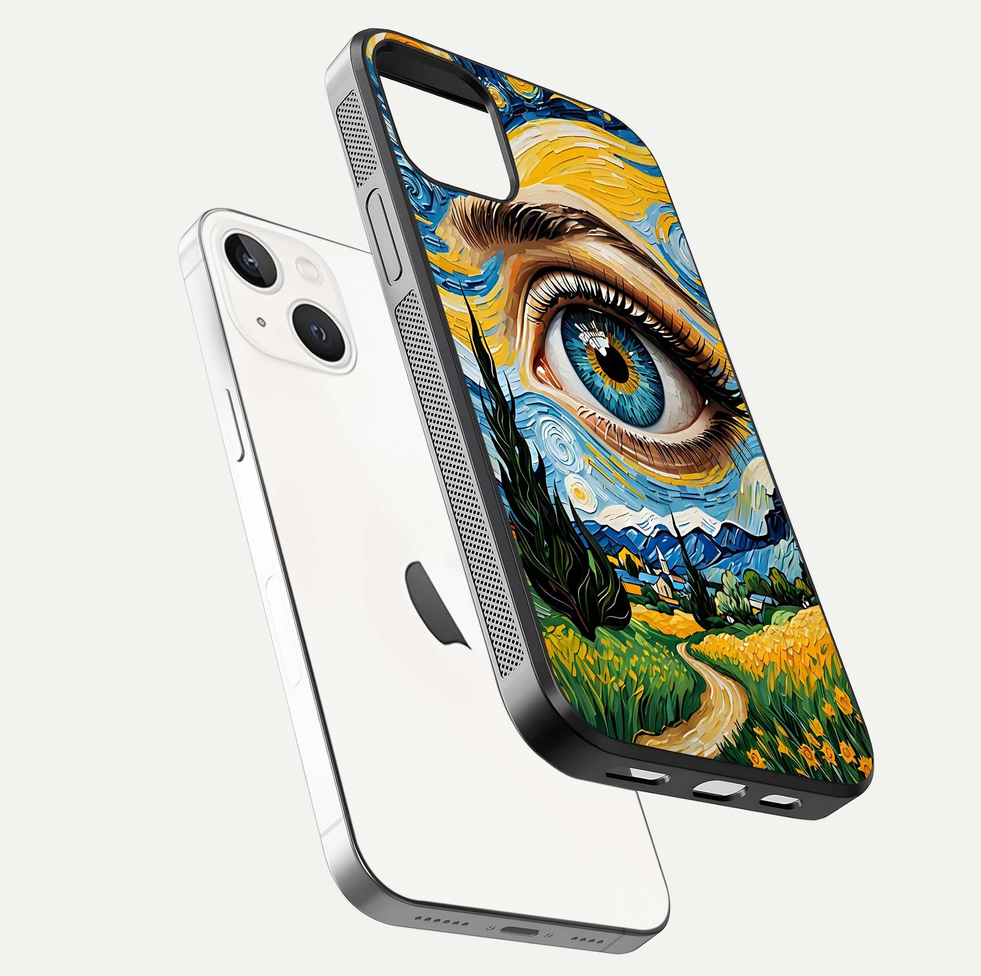 Van Gogh Eye Glass Case for iPhone 16 Pro floating dual-view mockup displaying gloss texture and depth