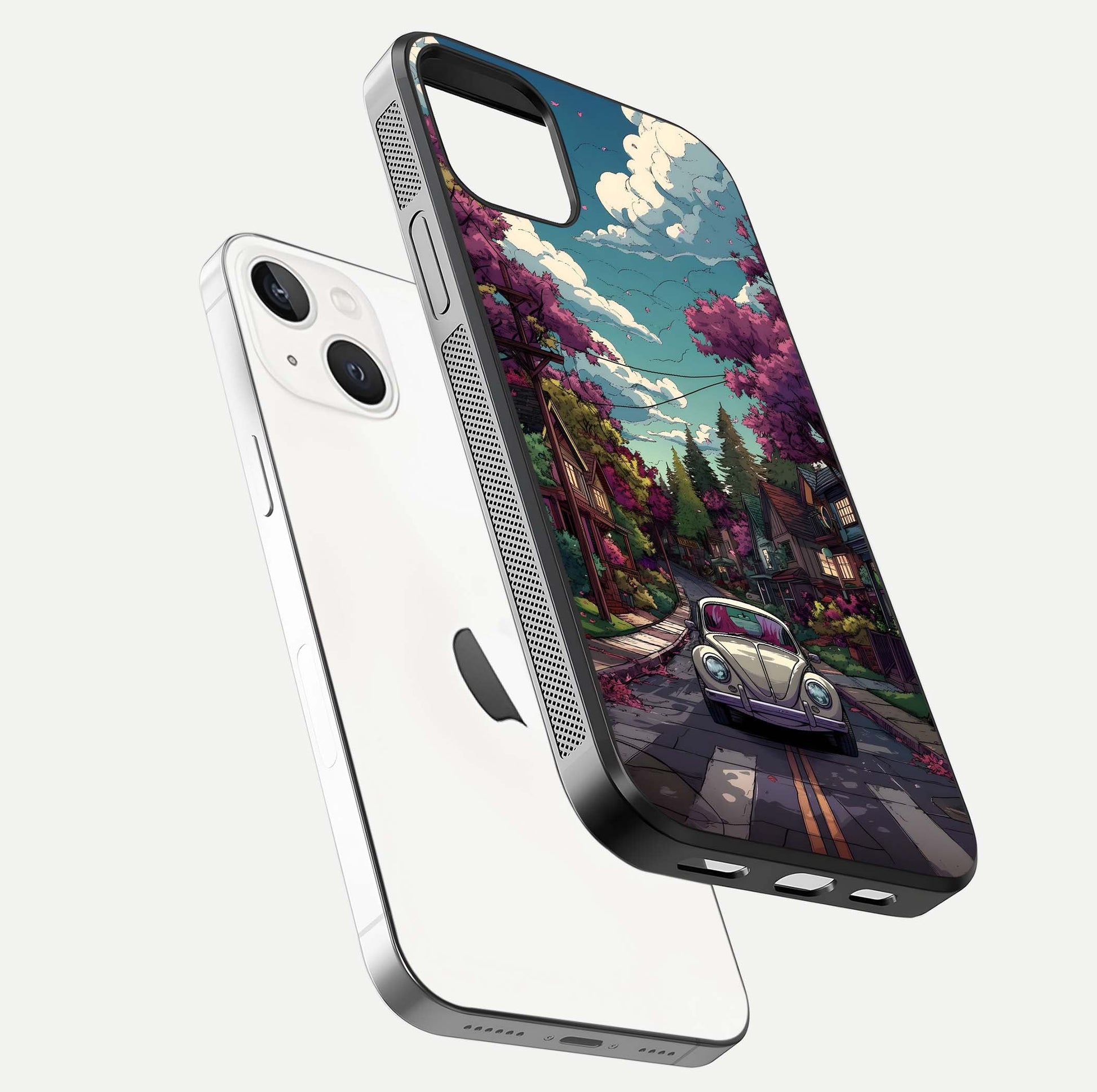 Vintage Street Drive Glass Case for iPhone 16 Pro floating dual-view mockup displaying gloss shine and texture