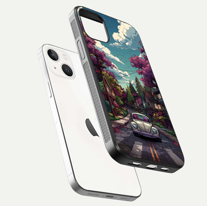 Vintage Street Drive Glass Case for iPhone 16 Pro floating dual-view mockup displaying gloss shine and texture