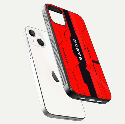 Voltage Rise CYBERPUNK Custom Name Glass Case for iPhone 14 floating dual-view mockup displaying gloss shine and lighting