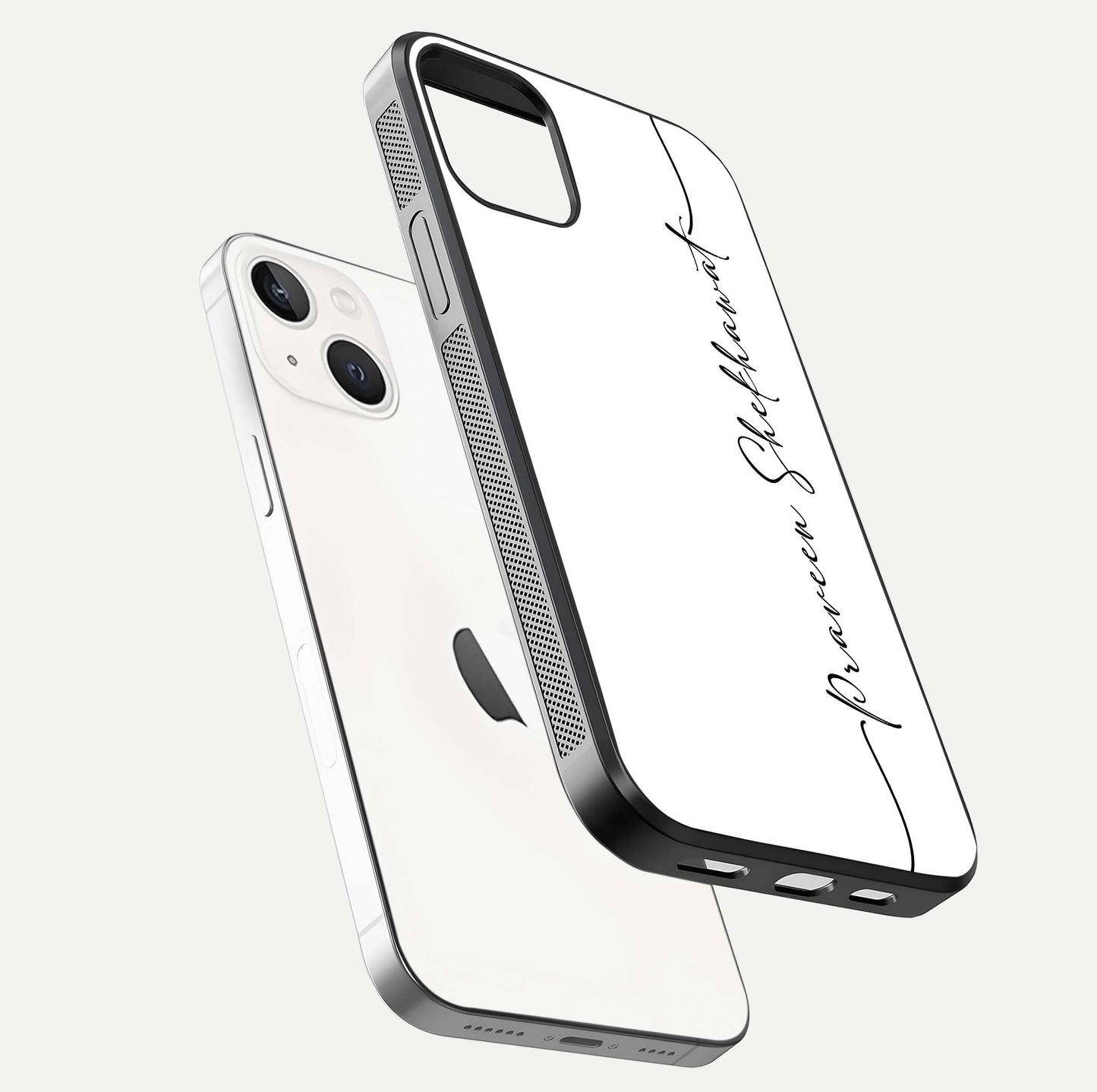 White Tune Custom Name Glass Case for iPhone 16 Pro floating dual-view mockup displaying gloss and HD detail