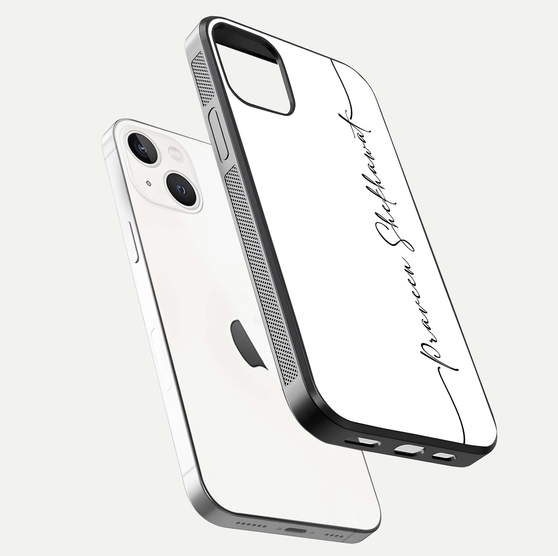 White Tune Custom Name Glass Case for iPhone 16 Pro floating dual-view mockup displaying gloss and HD detail