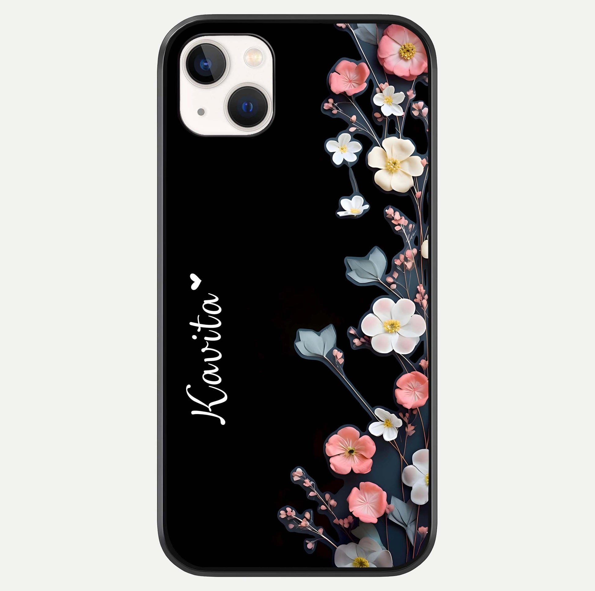 Black Elegance Floral Custom Name Glass Case For iPhone 16 Pro by Custom World