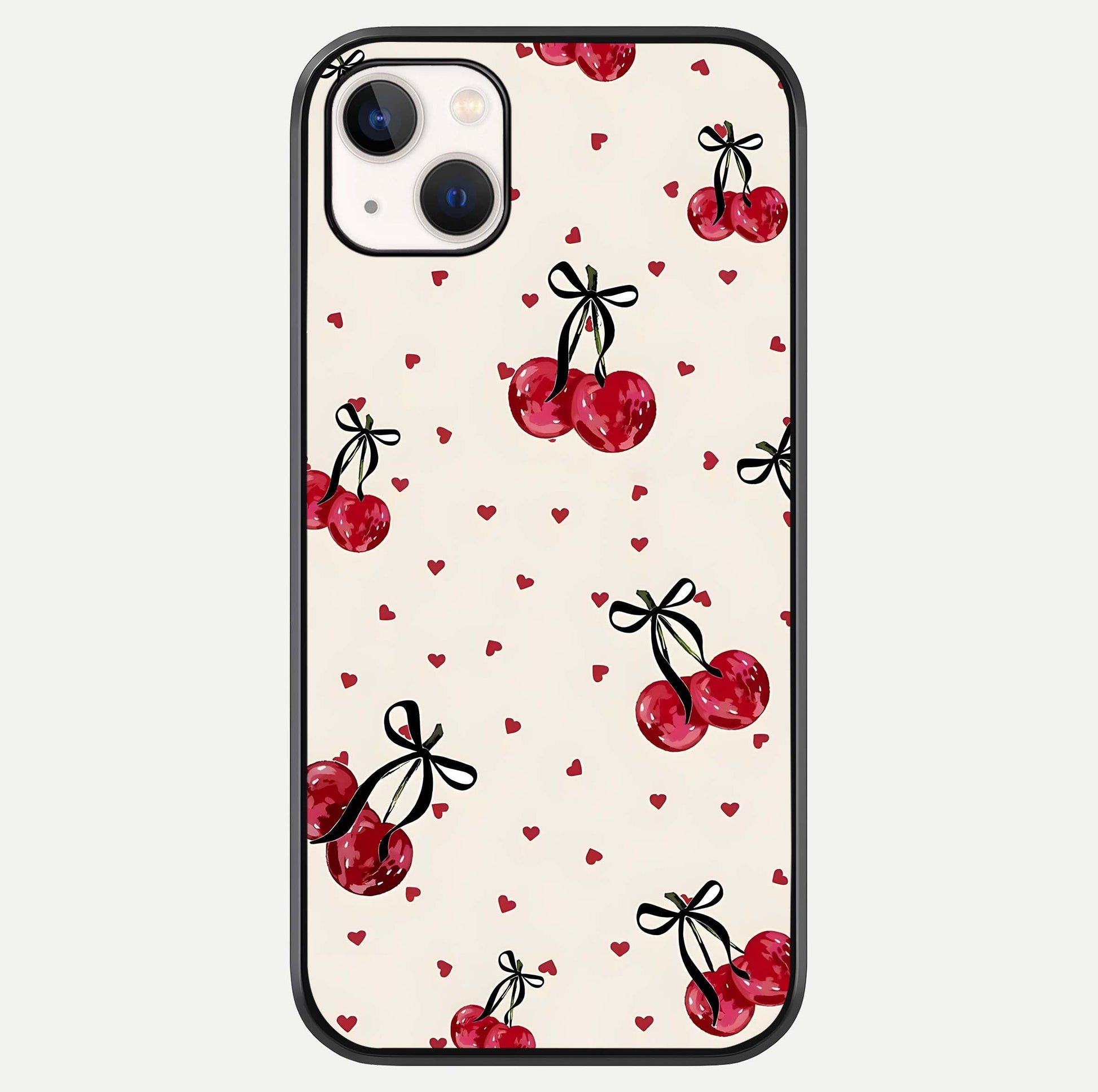 Cherry Heart Bow Glass Case For iPhone 14 Plus by Custom World