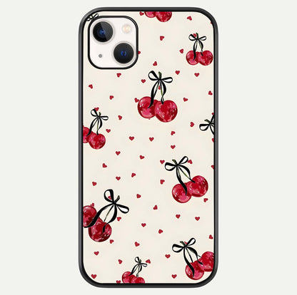 Cherry Heart Bow Glass Case For iPhone 14 Plus by Custom World