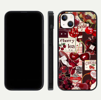 Aesthetic Cherry Tea Glass Case for iPhone 16 Pro front and back view layout showing black front display and artistic cherry-themed glass back